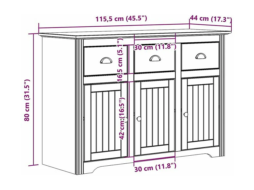 Buffet BODO gris 115,5x44x80 bois massif de pin
