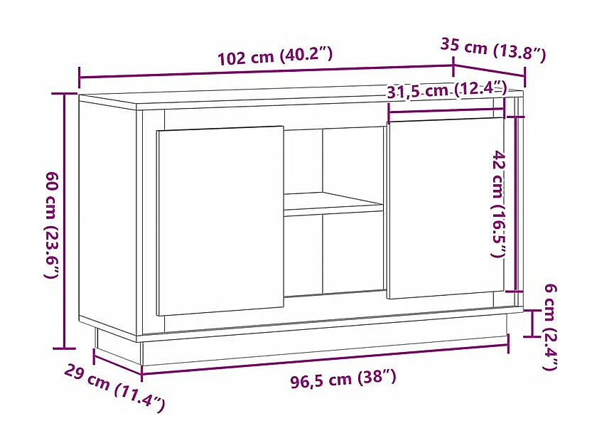Petit buffet 2 portes 1 étagère extérieure 102cm – Modèle Novila-Couleur Marron noisette