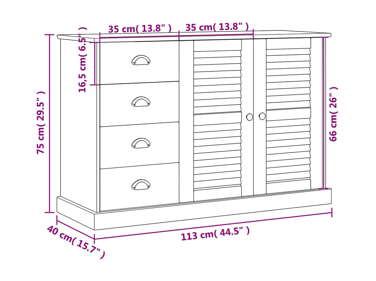 Buffet avec tiroirs VIGO 113x40x75 gris bois massif de pin