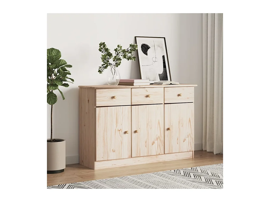 Buffet en bois massif 3 portes 3 tiroirs Malona 112cm – Style intemporel et pratique-Couleur Naturel
