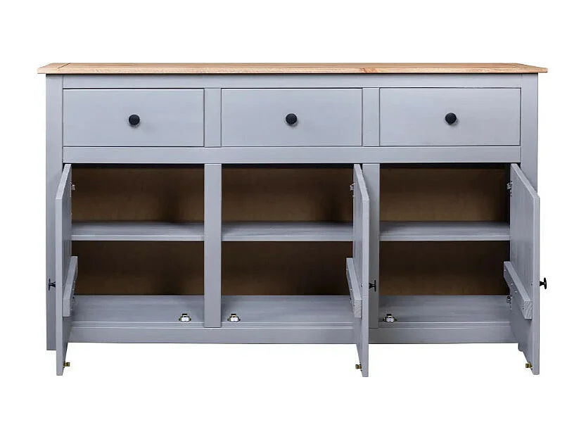 Buffet 3 portes 3 tiroirs en bois de pin massif Autika 135cm – Élégance rustique et praticité-Couleur Gris