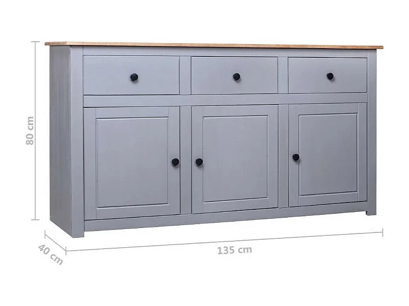 Buffet 3 portes 3 tiroirs en bois de pin massif Autika 135cm – Élégance rustique et praticité-Couleur Gris
