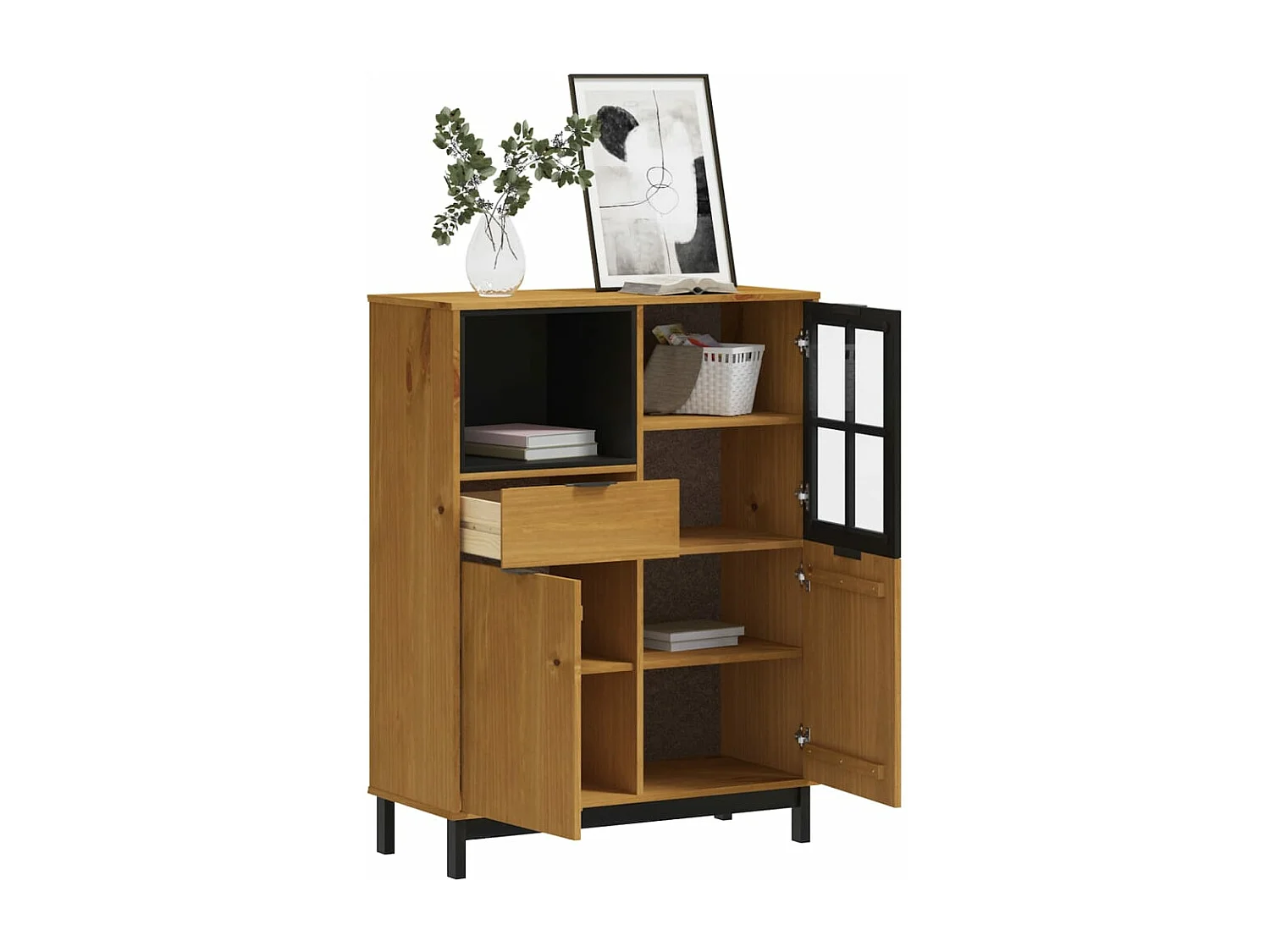 Buffet avec porte vitrée FLAM 92x40x122,5 bois massif de pin