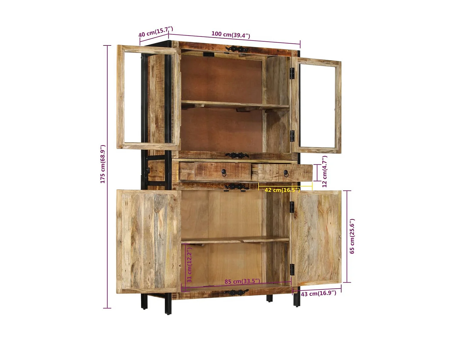 Buffet 100x40x175 bois de manguier brut massif