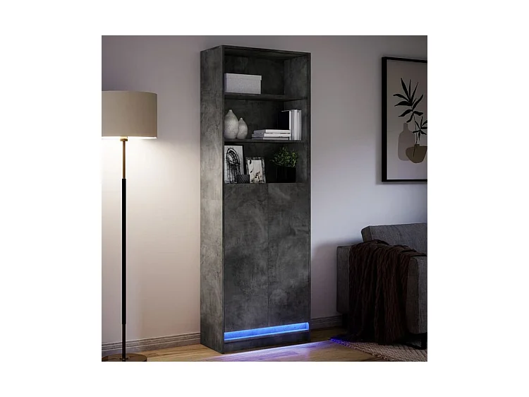 Buffet haut avec LED gris béton 69x32,5x200 bois d’ingénierie