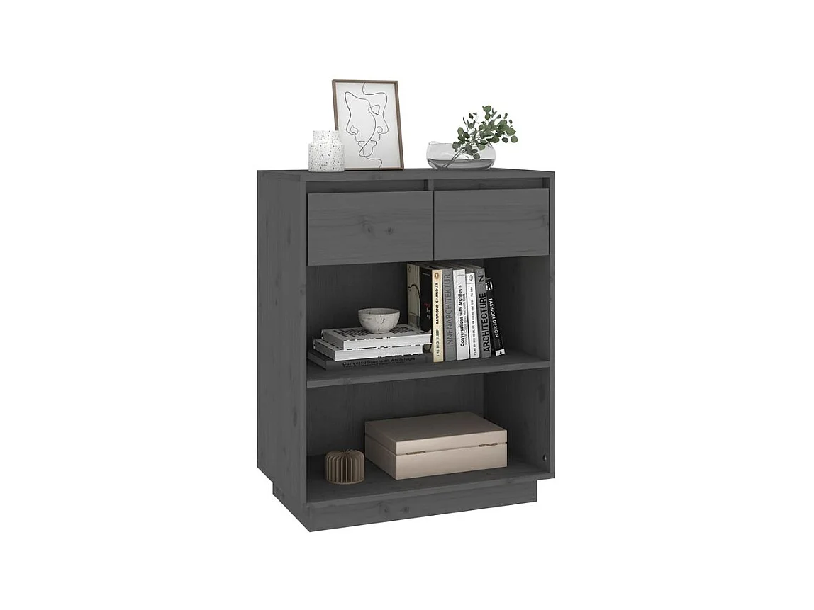Petite étagère avec 2 tiroirs en bois massif de pin – Collection Vizion-Couleur Gris