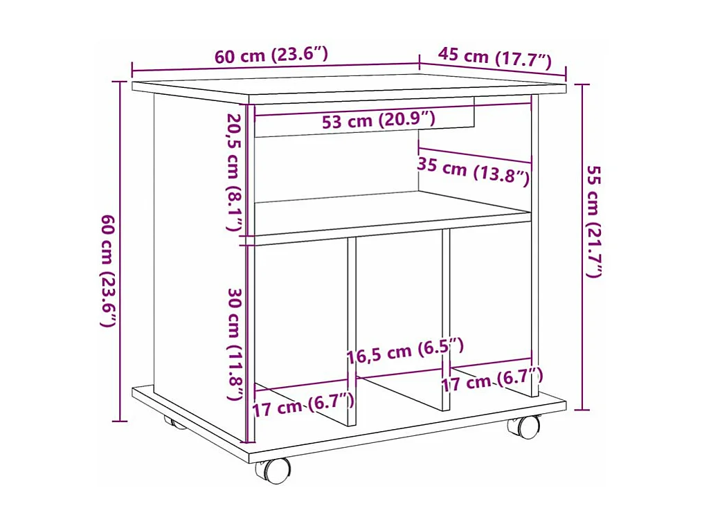 Petit meuble étagère à roulettes Ruka 60cm - Fonctionnel et moderne-Couleur Marron clair