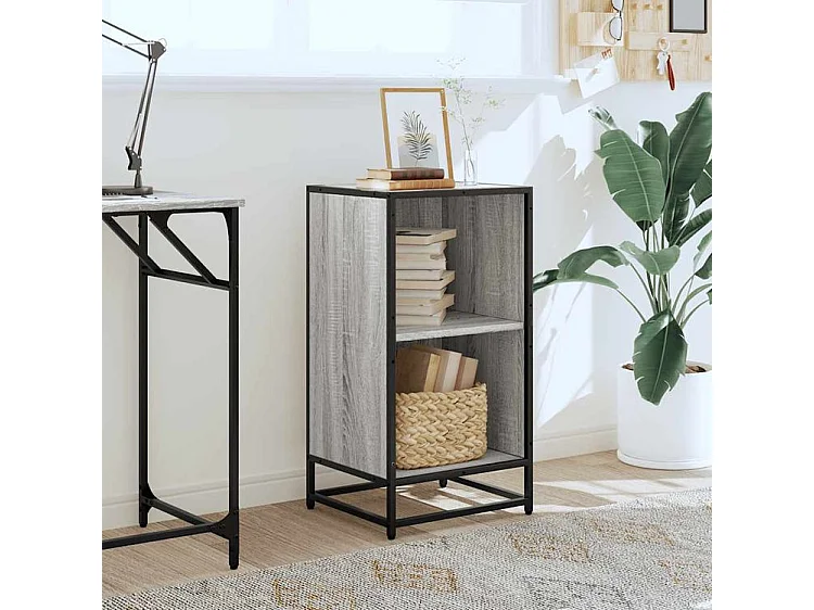 Petite étagère bibliothèque 2 niveaux Kalvani - Bois et metal noir-Couleur Chêne gris-Largeur 40 cm