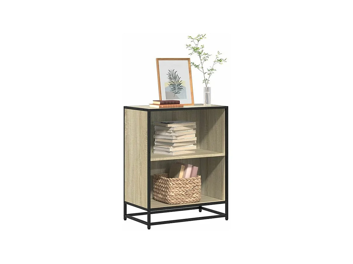 Petite étagère bibliothèque 2 niveaux Kalvani - Bois et metal noir-Couleur Chêne clair-Largeur 60 cm