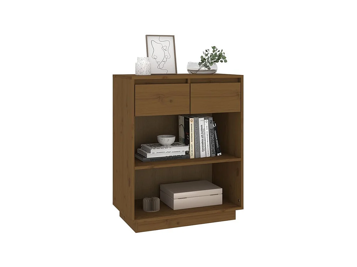 Petite étagère avec 2 tiroirs en bois massif de pin – Collection Vizion-Couleur Marron