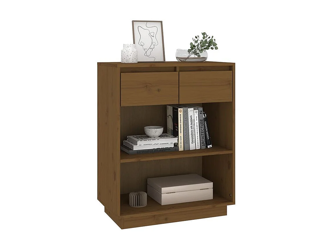 Petite étagère avec 2 tiroirs en bois massif de pin – Collection Vizion-Couleur Marron