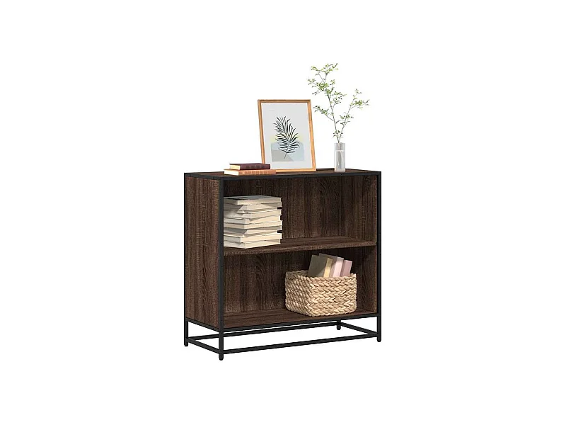 Petite étagère bibliothèque 2 niveaux Kalvani - Bois et metal noir-Couleur Noyer-Largeur 80 cm