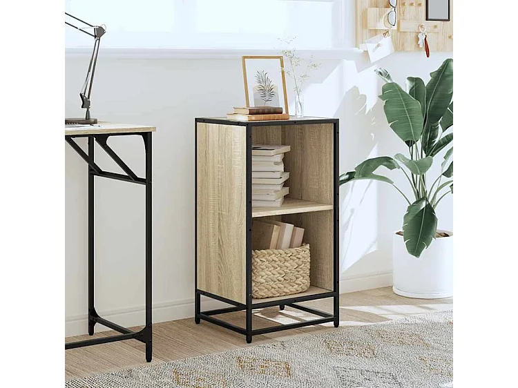 Petite étagère bibliothèque 2 niveaux Kalvani - Bois et metal noir-Couleur Chêne clair-Largeur 40 cm