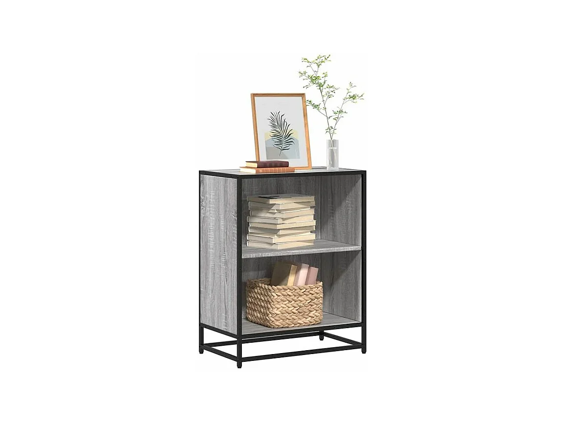 Petite étagère bibliothèque 2 niveaux Kalvani - Bois et metal noir-Couleur Chêne gris-Largeur 60 cm