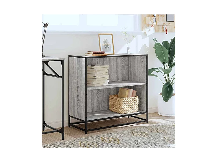 Petite étagère bibliothèque 2 niveaux Kalvani - Bois et metal noir-Couleur Chêne gris-Largeur 80 cm