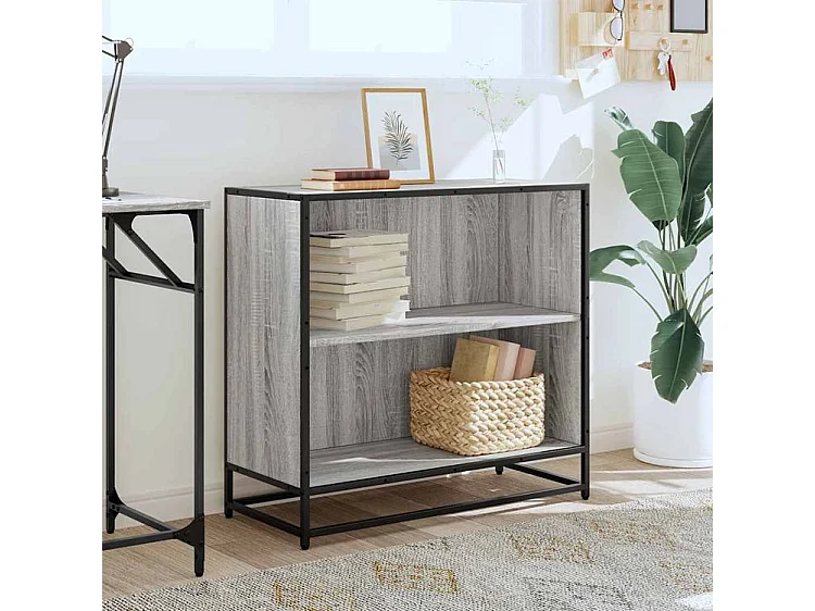 Petite étagère bibliothèque 2 niveaux Kalvani - Bois et metal noir-Couleur Chêne gris-Largeur 80 cm