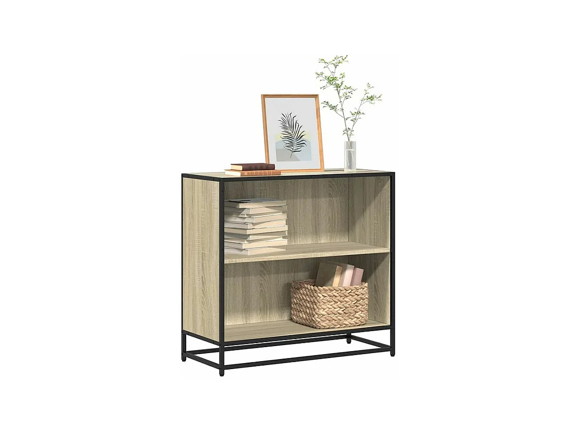 Petite étagère bibliothèque 2 niveaux Kalvani - Bois et metal noir-Couleur Chêne clair-Largeur 80 cm