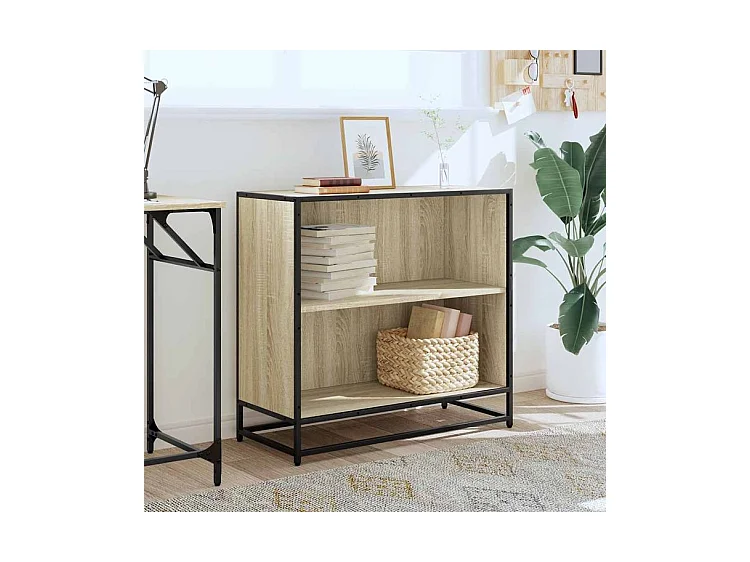 Petite étagère bibliothèque 2 niveaux Kalvani - Bois et metal noir-Couleur Chêne clair-Largeur 80 cm