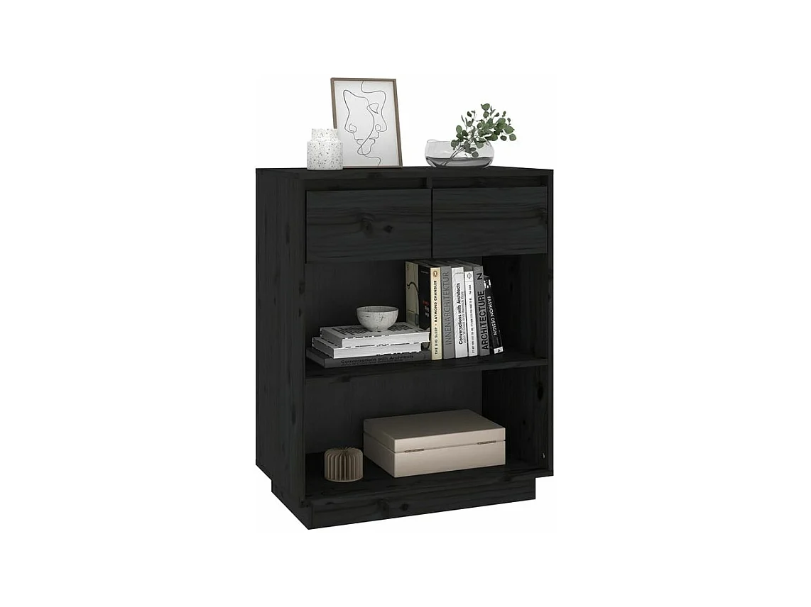 Petite étagère avec 2 tiroirs en bois massif de pin – Collection Vizion-Couleur Noir