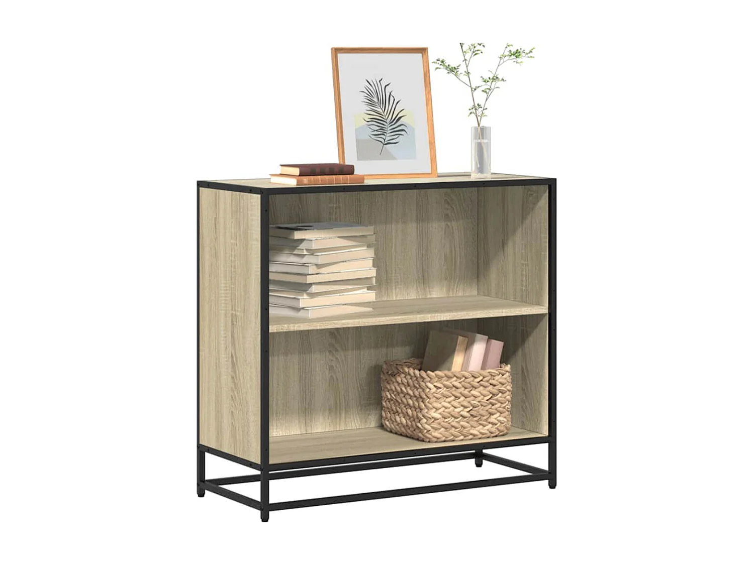 Petite étagère bibliothèque 2 niveaux Kalvani - Bois et metal noir-Couleur Noyer-Largeur 40 cm