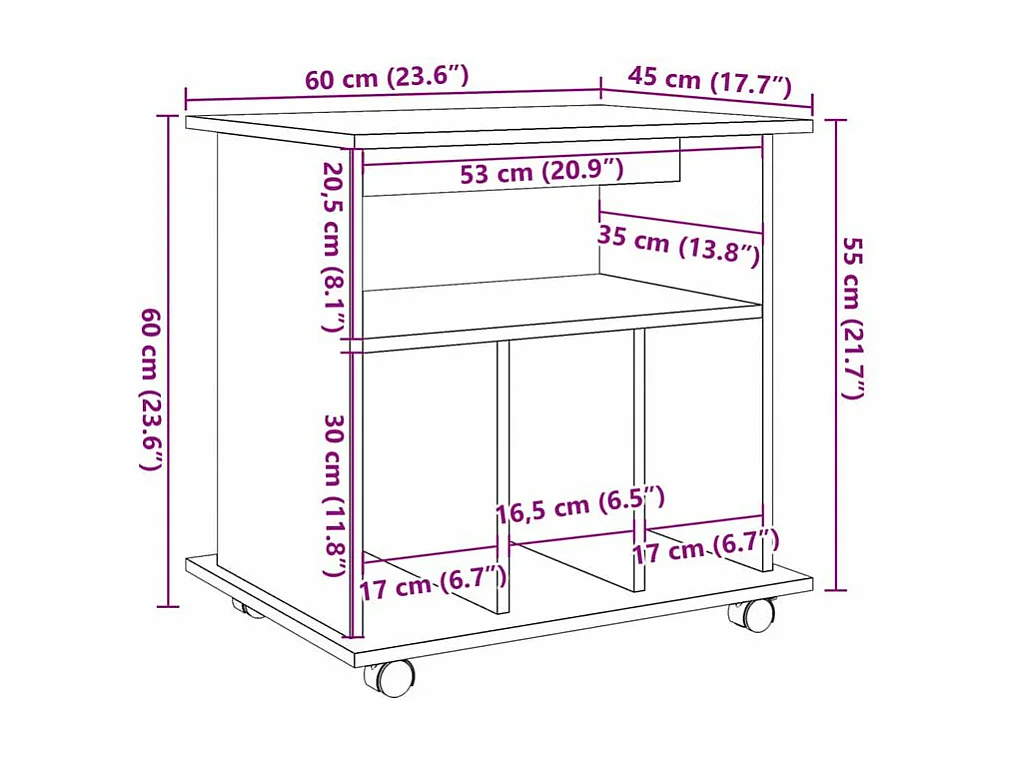 Petit meuble étagère à roulettes Ruka 60cm - Fonctionnel et moderne-Couleur Marron noisette