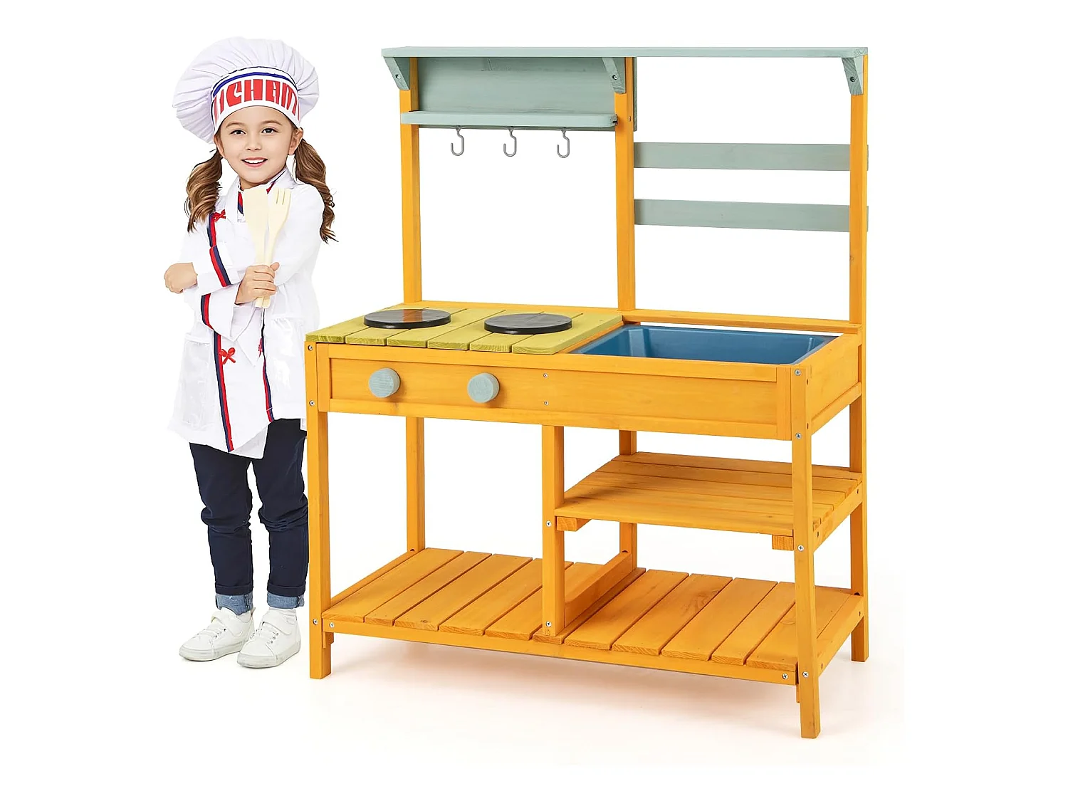 Cuisine Enfant Extérieure avec Évier & Poêles Doubles, Cuisine de Boue en Bois de Sapin avec Bouton, Étagère de Rangement, Cuisine Boueuse pour 3 Ans+ (Orange)