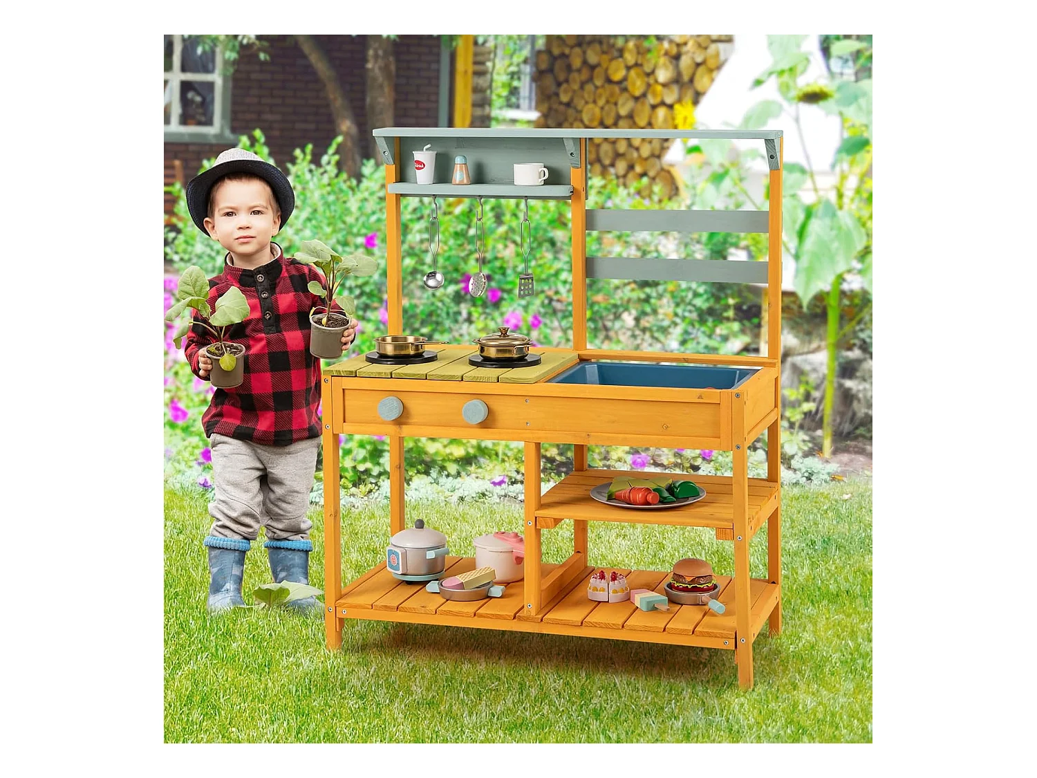 Cuisine Enfant Extérieure avec Évier & Poêles Doubles, Cuisine de Boue en Bois de Sapin avec Bouton, Étagère de Rangement, Cuisine Boueuse pour 3 Ans+ (Orange)