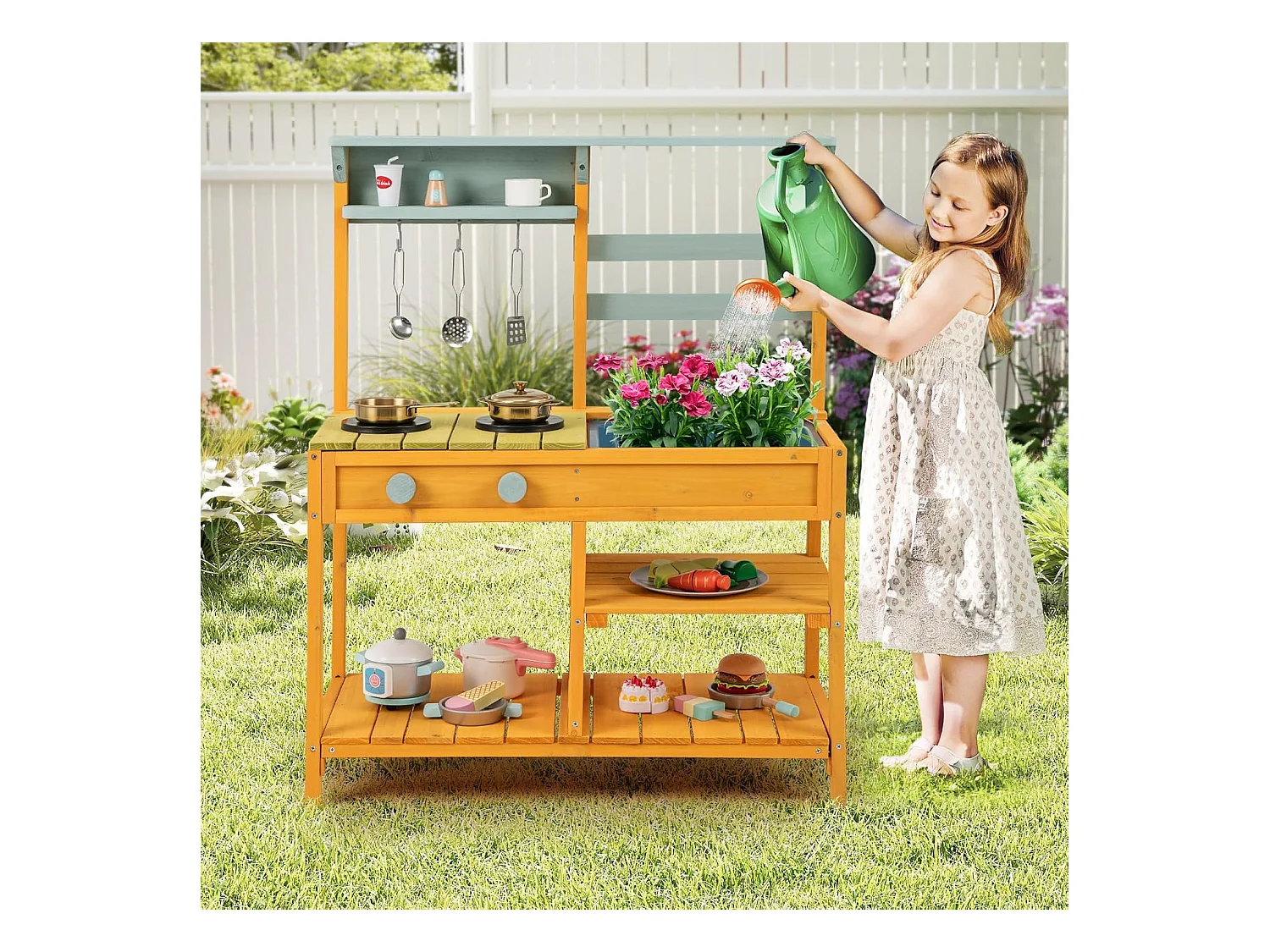 Cuisine Enfant Extérieure avec Évier & Poêles Doubles, Cuisine de Boue en Bois de Sapin avec Bouton, Étagère de Rangement, Cuisine Boueuse pour 3 Ans+ (Orange)