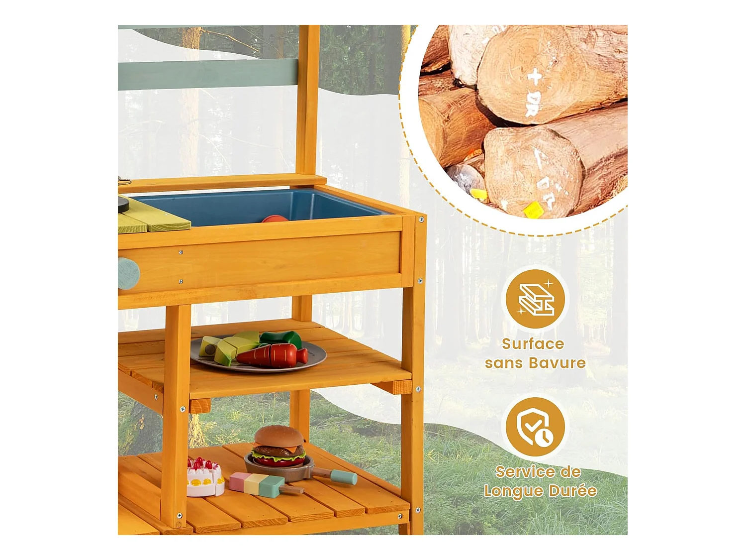 Cuisine Enfant Extérieure avec Évier & Poêles Doubles, Cuisine de Boue en Bois de Sapin avec Bouton, Étagère de Rangement, Cuisine Boueuse pour 3 Ans+ (Orange)