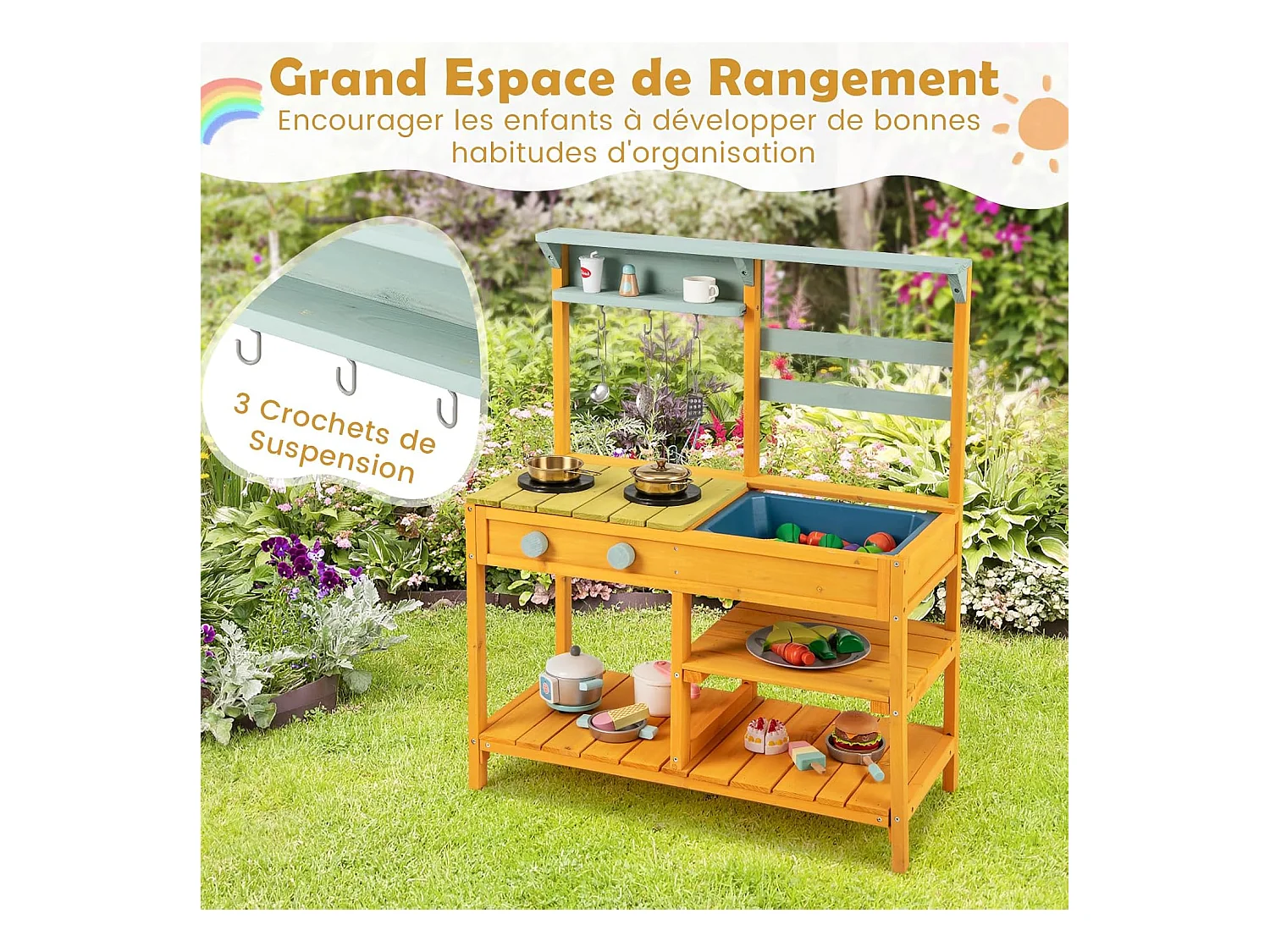 Cuisine Enfant Extérieure avec Évier & Poêles Doubles, Cuisine de Boue en Bois de Sapin avec Bouton, Étagère de Rangement, Cuisine Boueuse pour 3 Ans+ (Orange)