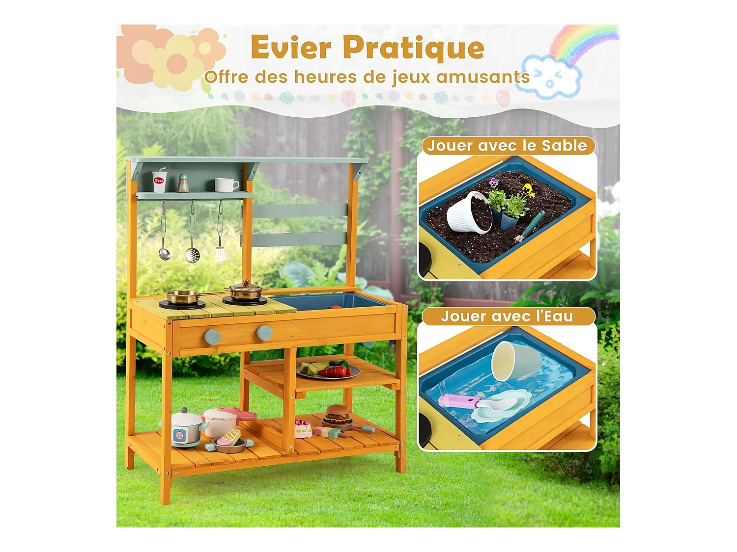 Cuisine Enfant Extérieure avec Évier & Poêles Doubles, Cuisine de Boue en Bois de Sapin avec Bouton, Étagère de Rangement, Cuisine Boueuse pour 3 Ans+ (Orange)