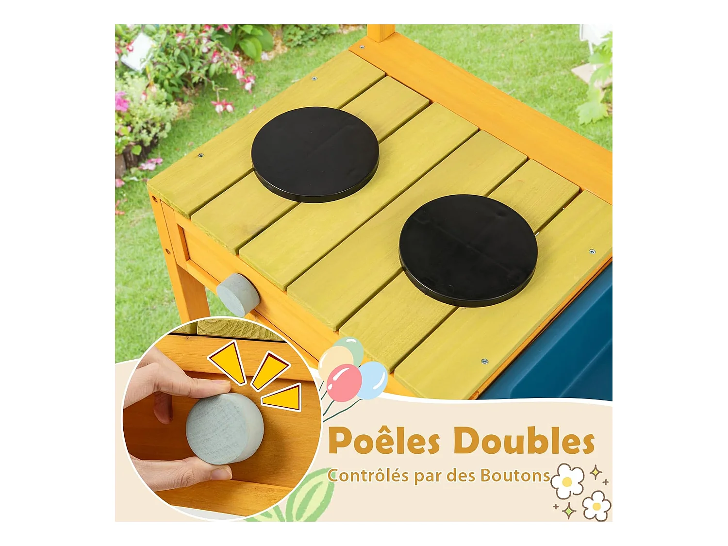 Cuisine Enfant Extérieure avec Évier & Poêles Doubles, Cuisine de Boue en Bois de Sapin avec Bouton, Étagère de Rangement, Cuisine Boueuse pour 3 Ans+ (Orange)