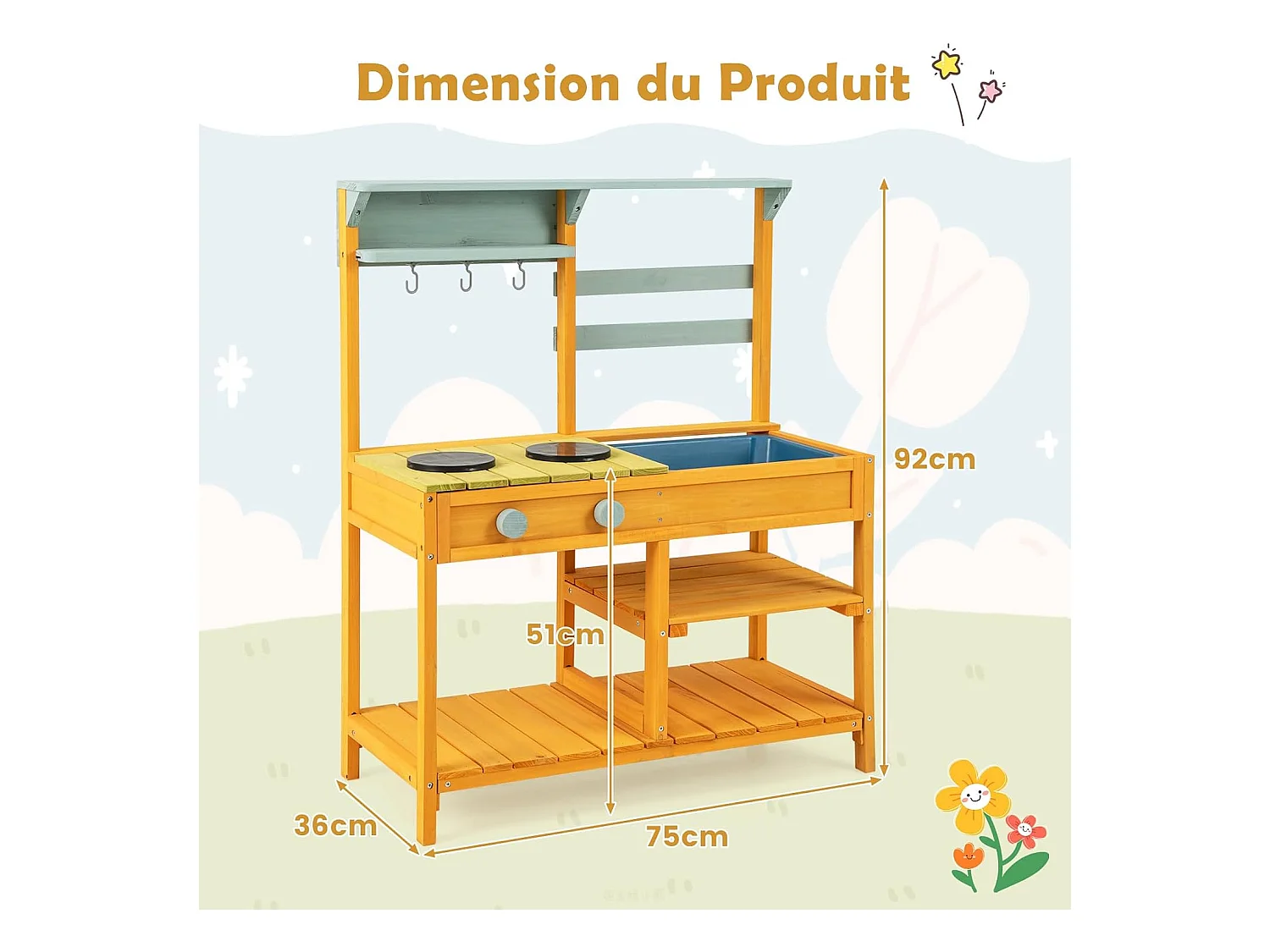 Cuisine Enfant Extérieure avec Évier & Poêles Doubles, Cuisine de Boue en Bois de Sapin avec Bouton, Étagère de Rangement, Cuisine Boueuse pour 3 Ans+ (Orange)