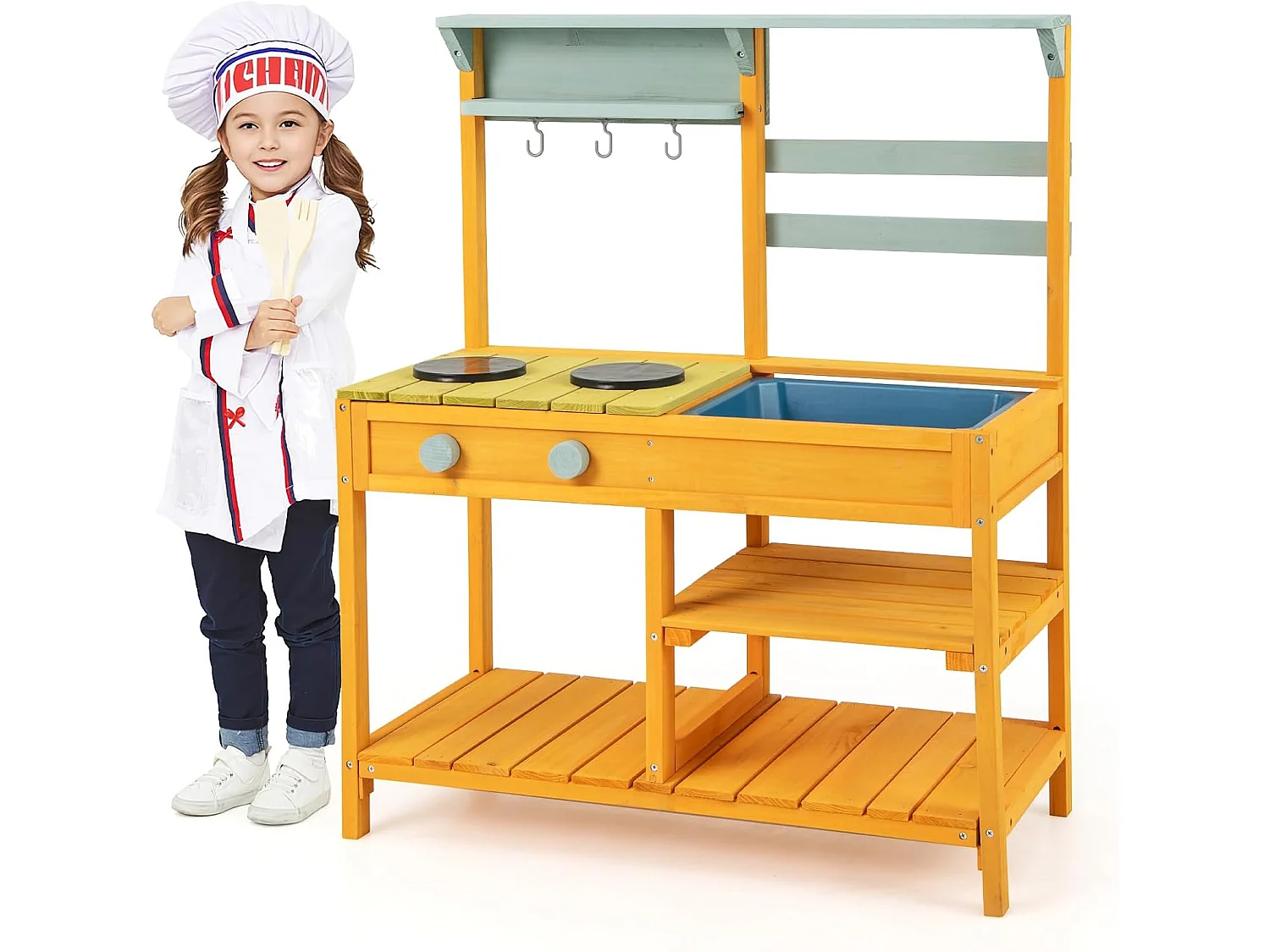 Kinderkeuken voor buiten met spoelbak en dubbele pannen, modderkeuken van sparrenhout met draaiknop, opbergplank, modderkeuken voor 3 jaar en ouder (oranje)