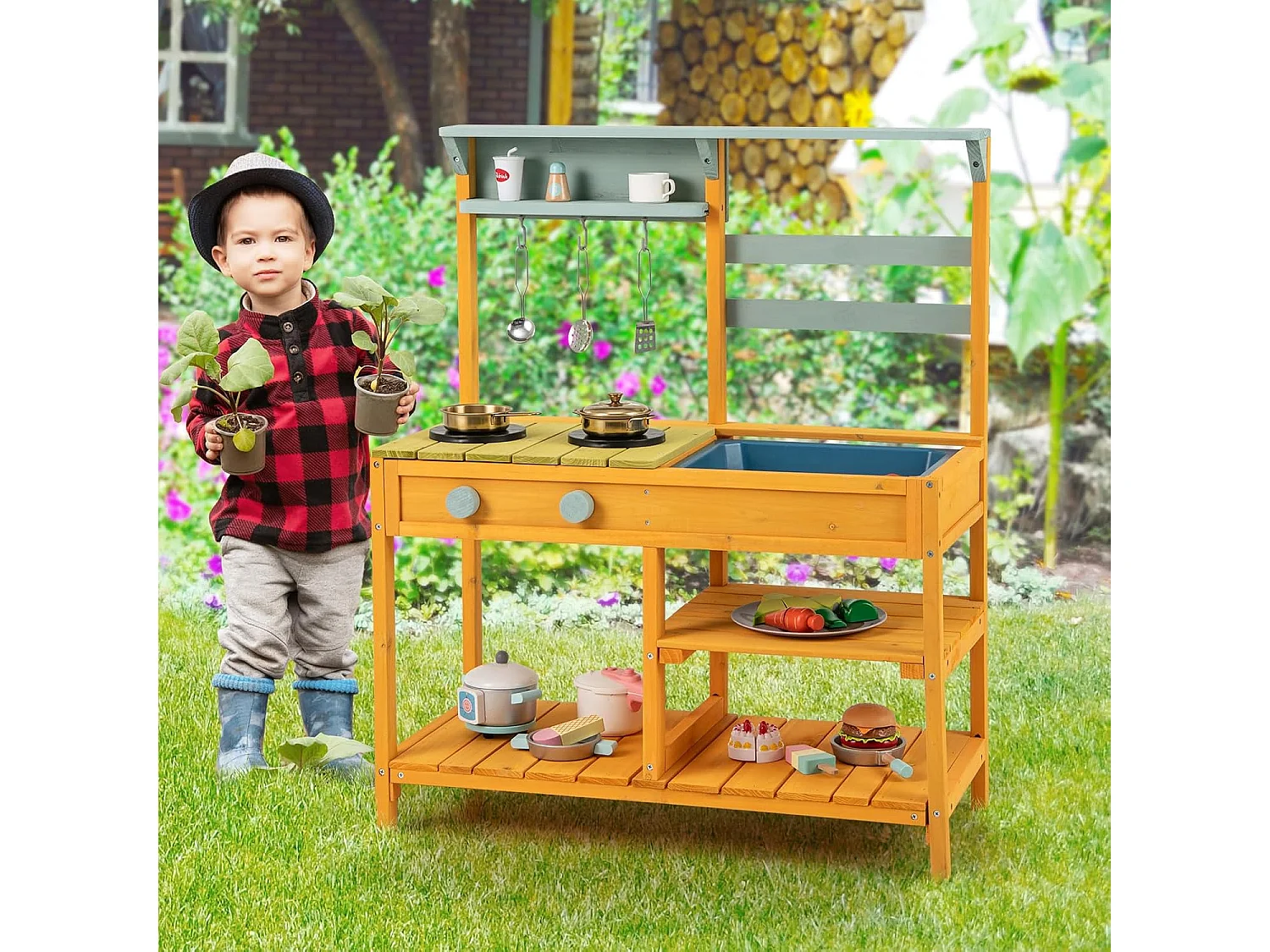 Kinderkeuken voor buiten met spoelbak en dubbele pannen, modderkeuken van sparrenhout met draaiknop, opbergplank, modderkeuken voor 3 jaar en ouder (oranje)