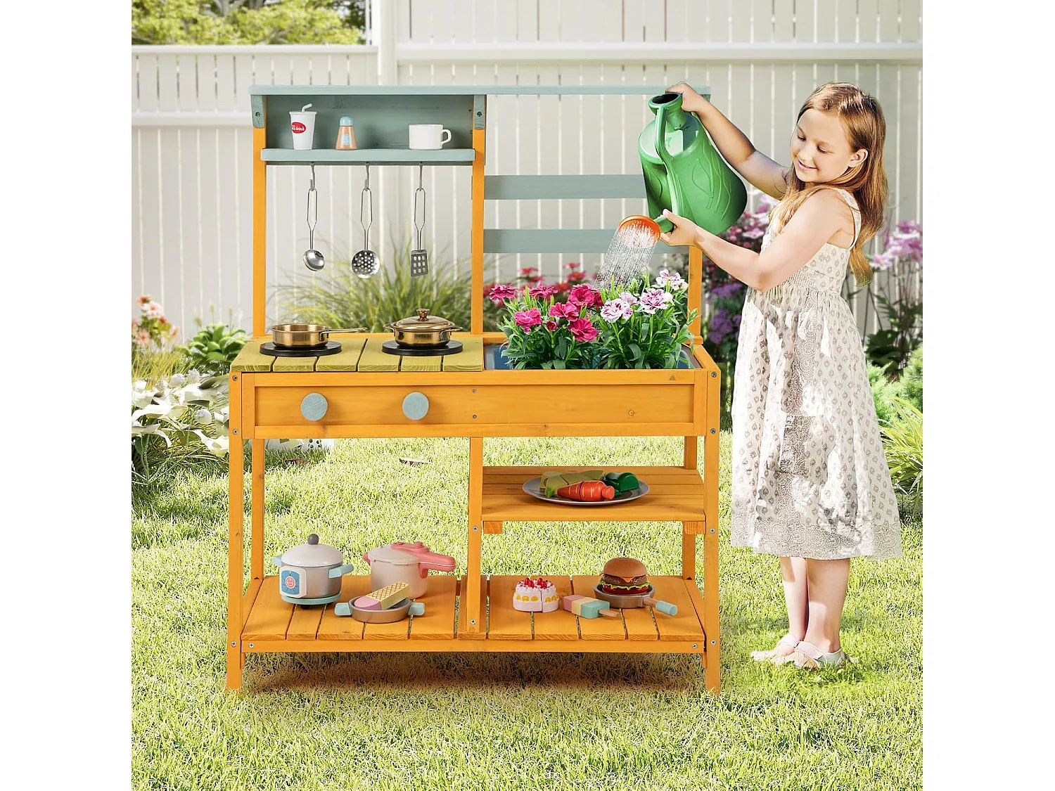 Kinderkeuken voor buiten met spoelbak en dubbele pannen, modderkeuken van sparrenhout met draaiknop, opbergplank, modderkeuken voor 3 jaar en ouder (oranje)