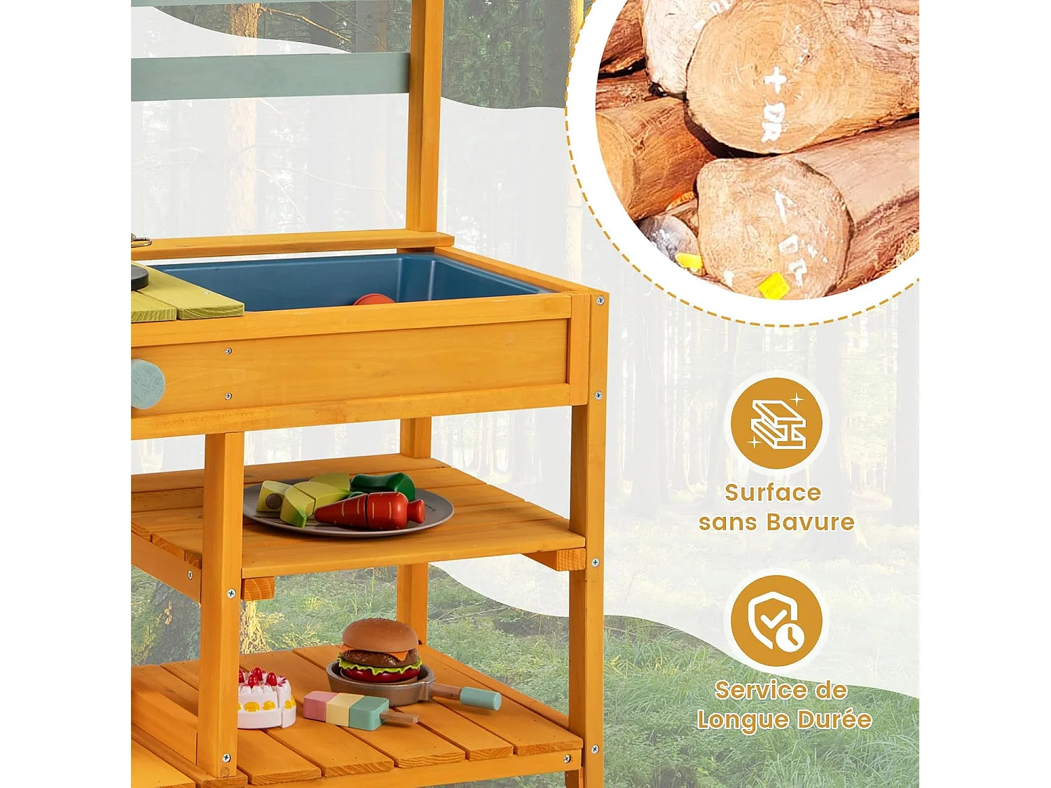 Kinderkeuken voor buiten met spoelbak en dubbele pannen, modderkeuken van sparrenhout met draaiknop, opbergplank, modderkeuken voor 3 jaar en ouder (oranje)