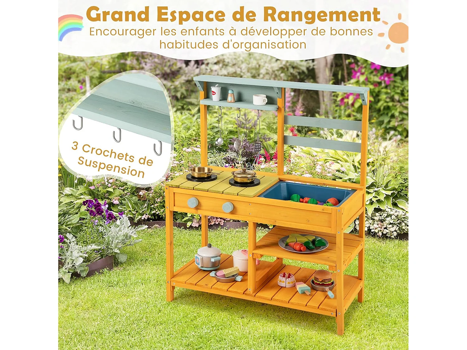 Kinderkeuken voor buiten met spoelbak en dubbele pannen, modderkeuken van sparrenhout met draaiknop, opbergplank, modderkeuken voor 3 jaar en ouder (oranje)