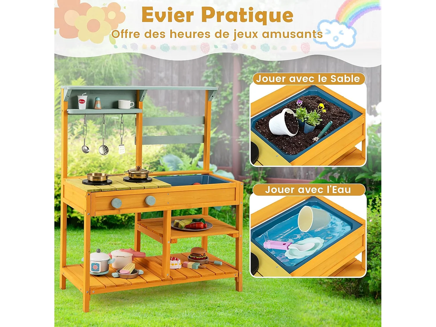 Kinderkeuken voor buiten met spoelbak en dubbele pannen, modderkeuken van sparrenhout met draaiknop, opbergplank, modderkeuken voor 3 jaar en ouder (oranje)