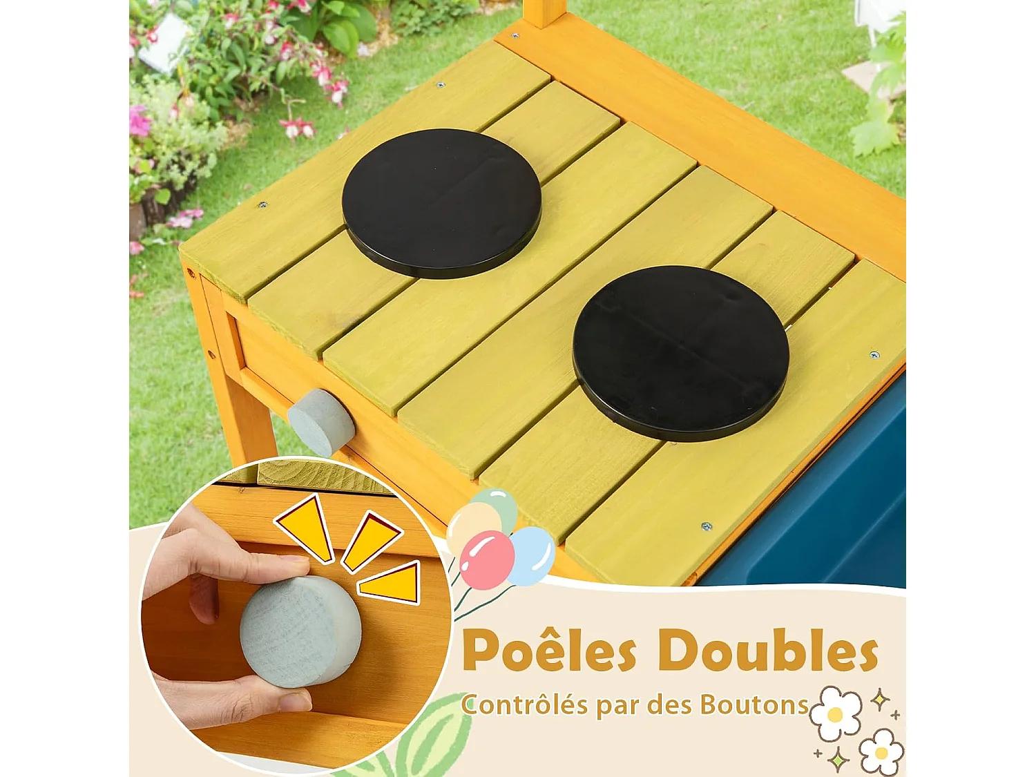 Kinderkeuken voor buiten met spoelbak en dubbele pannen, modderkeuken van sparrenhout met draaiknop, opbergplank, modderkeuken voor 3 jaar en ouder (oranje)