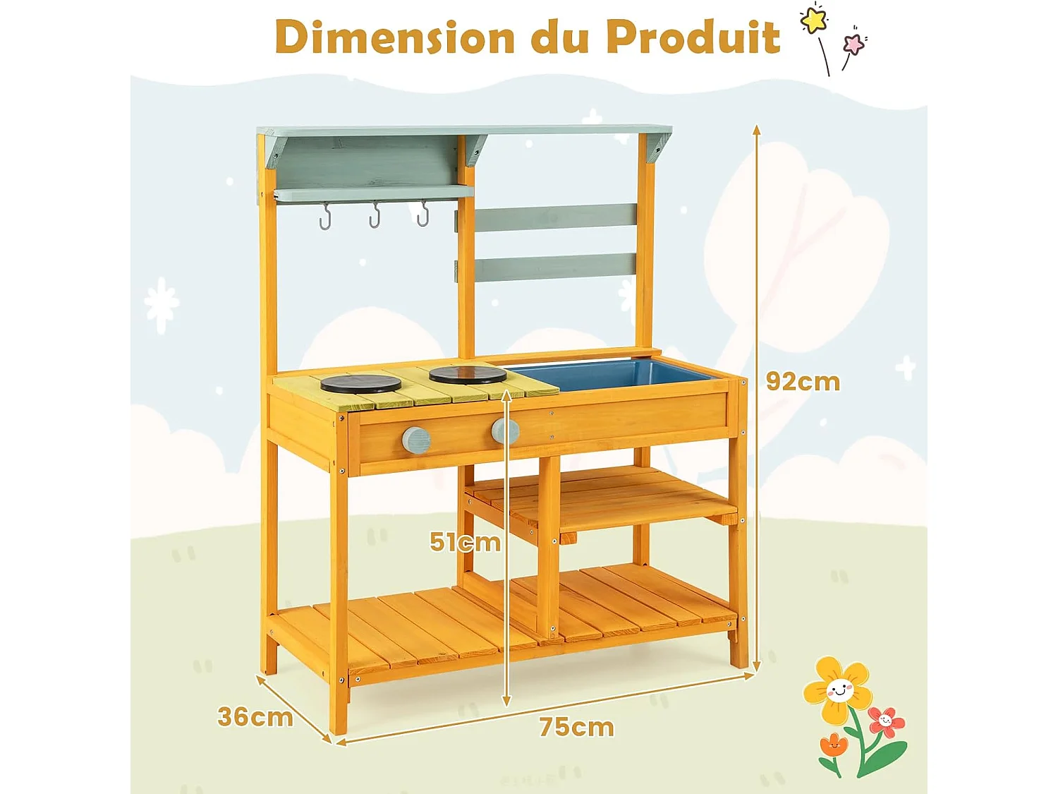 Kinderkeuken voor buiten met spoelbak en dubbele pannen, modderkeuken van sparrenhout met draaiknop, opbergplank, modderkeuken voor 3 jaar en ouder (oranje)