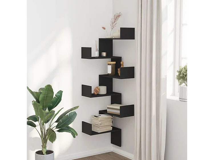 Étagère murale d'angle noir 45x45x147 bois d'ingénierie