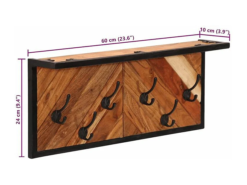 Porte-manteau mural avec 6 crochets bois massif d'acacia