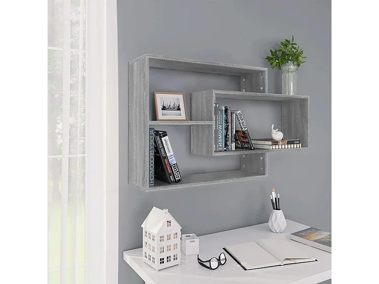 Étagère murale avec 3 espaces ouverts Kazko 104cm – Pratique et élégante-Couleur Chêne gris