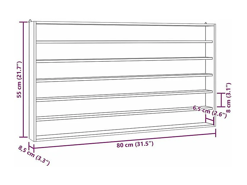 Vitrine murale avec 6 étagères 80x8,5x55