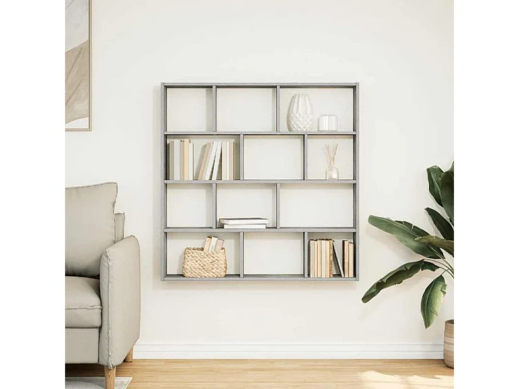 Étagère cube murale 12 compartiments gris béton bois ingénierie