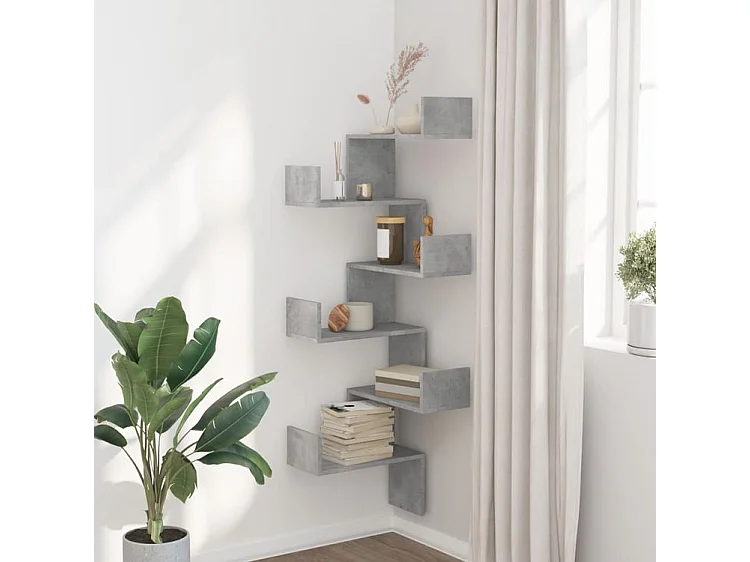 Étagère murale d'angle gris béton 45x45x147 bois d'ingénierie