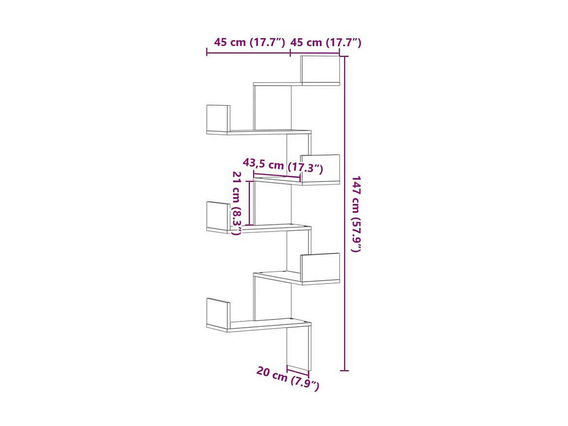 Étagère murale d'angle gris béton 45x45x147 bois d'ingénierie