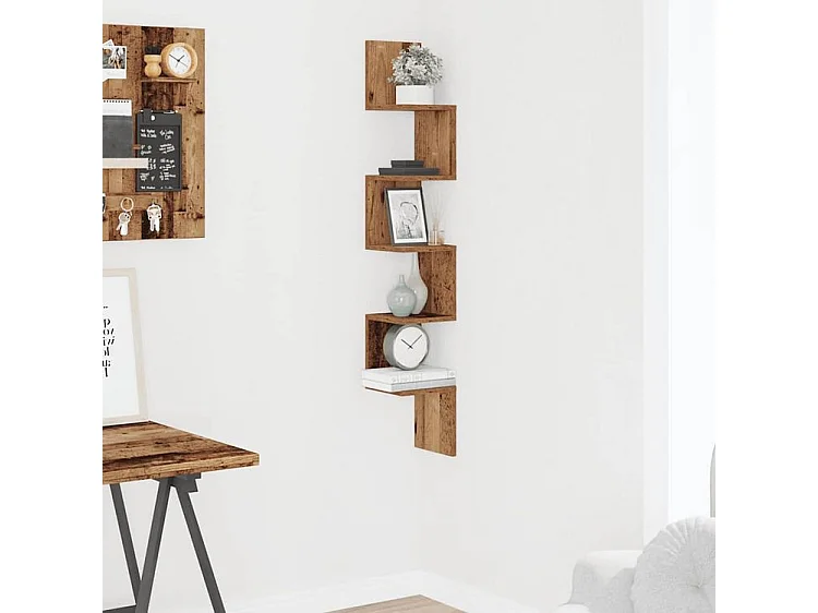 Étagère d'angle murale vieux bois 20x20x127,5