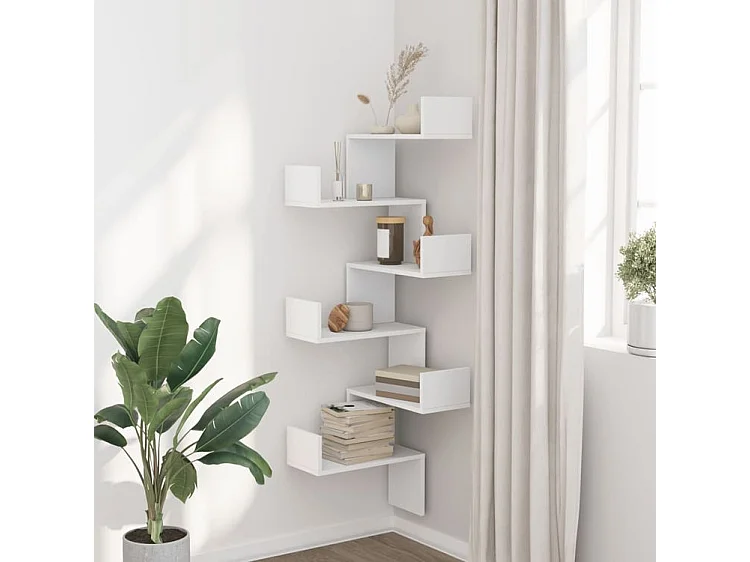 Étagère d'angle murale blanc 45x45x147 bois d'ingénierie